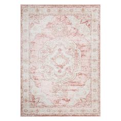 an antique style rug in pink and white with a large medallion design on the center