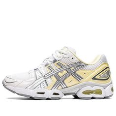 (WMNS) Asics GEL-Nimbus 9 'White Silver Yellow' 1202A278-101 (SNKR/Low Top/Women's/Wear-resistant) White Asics Sneakers With Air Max Cushioning, Asics White Functional Sneakers, White Asics Low-top Running Shoes, White Low-top Asics Running Shoes, White Asics Sneakers For Errands, Asics White Sneakers For Running Errands, White Breathable Sneakers, Medium Fit, White Breathable Sneakers Medium Fit, Asics White Running Shoes With Air Cushioning