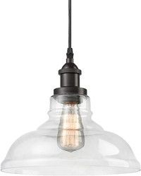 an industrial style light fixture with clear glass shades and a black metal cord hanging from the ceiling