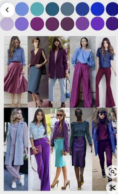 Different Shades Of Purple Outfit, Purple And Turquoise Outfit, Complementary Outfits Color Schemes, Dark Purple Pants Outfit Work, Deep Winter Color Palette Summer Outfits, Winter Colour Combinations Clothes, Complentary Color Outfits, Deep Winter Palette Outfits Colour Combinations