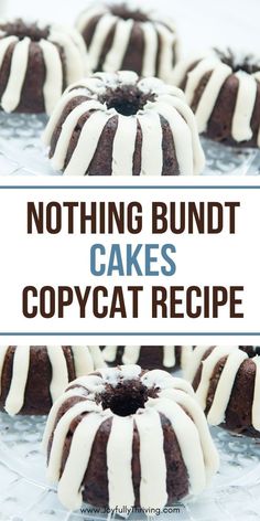 chocolate bundt cakes with white icing on a glass platter and text overlay reads nothing bundt cakes copycat recipe