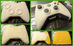 four different pictures of video game controllers made out of cake and frosted with icing