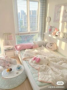 a bed room with a neatly made bed and stuffed animals