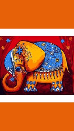 an elephant painted in bright colors on a red background