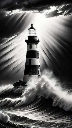 a black and white photo of a lighthouse in the ocean with waves crashing around it