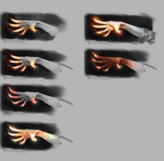 four different images of hands with fire in them