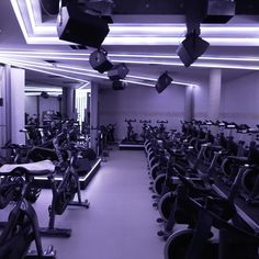 an empty gym with rows of exercise bikes