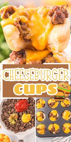 A graphic with several images on it of a recipe and a text box in the center. Hamburger Biscuit Cups, Chopped Cheeseburger Biscuits, Dinner Recipe With Biscuits, Cheeseburger Cups Muffin Tins, Dinners With Grands Biscuits, Cheese Burger Cups, Biscuits For Dinner Meals, Cheeseburger Biscuit Cups, Cheeseburger Biscuit Casserole