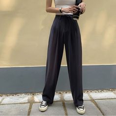 Women Loose Long Straight Wide Leg Pants gray blue-S Casual Office Style, Straight Wide Leg Pants, Wide Leg Pants Casual, Wide Leg Pants Outfit, Drape Pants, Casual Office, Pants Casual, Henna Art, Office Style