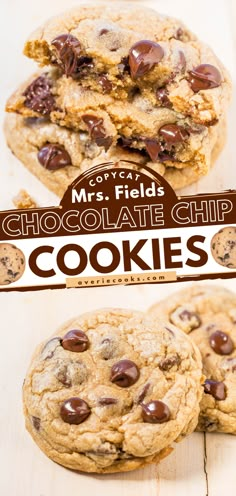 chocolate chip cookies are stacked on top of each other with the words, mrs fields chocolate chip cookies