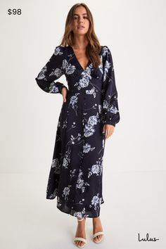 Your favorite feature about the Lulus Beautiful Details Navy Blue Floral Long Sleeve Midi Dress will be how fabulous you look in it! Lightweight satin-inspired woven fabric boasts a blue and ivory floral print throughout as it shapes a gathered bodice, a flirty V-neckline, and long sleeves with button cuffs. A flattering set-in waist tops a flowy, A-line skirt with a decorative button placket at the front, that continues down to the breezy midi hem. Hidden side zipper/clasp. Fit: This garment fi Gathered Bodice, Lulu Fashion, Button Front Dress, Sleeve Midi Dress, Long Sleeve Midi, Long Sleeve Midi Dress, A Line Skirt, Button Placket, A Line Skirts