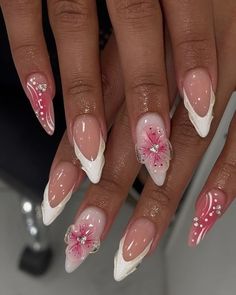 Almond Pink Flower Nails, Pink Tip Nails Almond, French Tip Nail Designs Almond, Almond Nails Flowers, French Tips Stiletto Nails, Almond Nail Inspo 2024, Pink Nail Inspo Almond, Almond Nails With Flowers, Almond Pink French Tip Nails