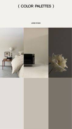 the color palettes for this bedroom are neutral, white and gray with black accents