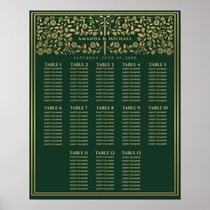 a black and gold wedding seating chart with flowers on the side, in front of a white background