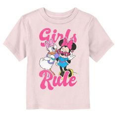 Who knew that dressing "mousey" could be so cute!? Celebrate Walt Disney's most iconic character with this officially licensed Disney Mickey Mouse and Friends Retro Girls Rule Toddlers' Graphic T-shirt! This cute design features Minnie Mouse and Daisy Duck posing cool in retro clothing and the inspirational phrase: "Girls Rule" printed in bright pink lettering across the front. Grab some new Mickey and Friends apparel for the youngest members of the family and make their next trip to the Disney Minnie Mouse And Daisy Duck, Trending Graphic Tees, Friends Thanksgiving, Retro Girls, Daisy Duck, Girls Rules, Girls Fleece, Retro Clothing, Mickey Mouse And Friends