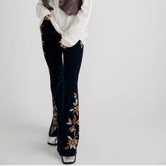 Driftwood Farrah Embroidered Cord Flare Jeans. Nwt. Size 25. Feathery Leaf. Free People. Color Black Fall Cotton Pants With Floral Embroidery, Bohemian Bottoms With Floral Embroidery For Fall, Fitted Floral Embroidery Pants For Fall, Fall Embroidered Fitted Pants, Free People Flare Jeans, Pull On Jeans, Free People Jeans, Fp Movement, Free People Black