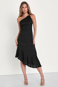 Be ready for any soiree with the Lulus Sweet and Stylish Black Jacquard One-Shoulder Midi Dress! Lightweight woven jacquard fabric, with a floral design throughout, shapes this sweet dress that has a one-shoulder neckline that's supported by dual adjustable straps. A darted bodice tops a column silhouette that ends at a ruffled asymmetrical midi hem. Hidden back zipper/clasp. Sangria Dress, Midi Bridesmaid Dress, Black Knee Length Dress, High Low Midi Dress, Asymmetrical Midi Dress, One Shoulder Midi Dress, Bodice Top, Lulu Fashion, Black Party Dresses