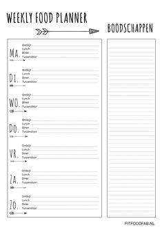 the weekly food planner is shown in black and white, with arrows pointing to each other