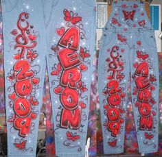 Airbrush Senior Pants, Airbrushed Overalls 90s, Custom Jeans Birthday, 90s Airbrush Outfits Overalls, 90s Painted Jeans, Air Brush Jeans, Air Brush Shirts 90s, 90s Overalls Outfit Hip Hop Women, Air Brush Clothes