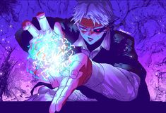 an anime character holding a glowing ball in his hand and pointing to it with both hands