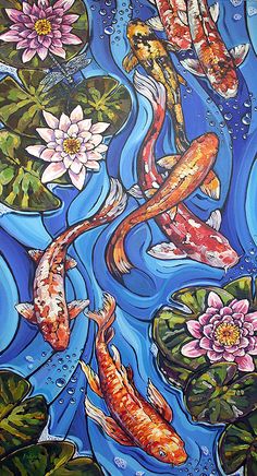 a painting of koi fish swimming in water with lily pads and pink flowers on the side