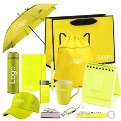 a yellow bag, coffee cup, umbrella and other items are arranged around the logo