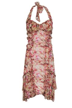 Current Boutique-Zac Posen - Pink Floral Silk Halter Dress Sz 6 Spring Bohemian Rose Print Dress, Chic Flowy Floral Print Ruffle Dress, Chic Flowy Ruffle Dress With Floral Print, Bohemian Ruffled Floral Dress For Brunch, Bohemian Floral Ruffled Dress For Brunch, Floral Print Ruffle Party Dress, Spring Chiffon Midi Dress With Ruffled Straps, Floral Print Ruffle Dress For Party, Chiffon Ruffle Dress For Summer Garden Party