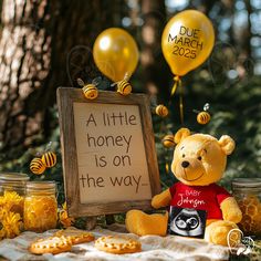 a little honey is on the way teddy bear and bees with balloons in the background