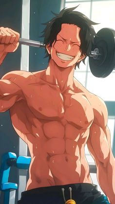 a man with no shirt holding a barbell in front of his face and smiling