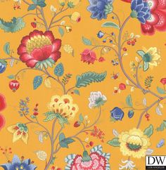 an orange floral wallpaper with many different flowers and leaves on the top of it