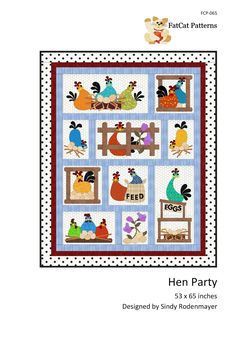 a quilt pattern with chickens and roosters on it, including the words hen party