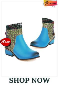 Retro Ethnic Style Stitching Pointed Toe Chunky Heel Boots Bohemian Ankle-high Boots For Winter, Blue Bohemian Festival Boots, Multicolor Bohemian Boots For Spring, Bohemian Multicolor Boots For Spring, Bohemian Ankle Boots For Winter, Blue Bohemian Boots With Round Toe, Bohemian Blue Boots With Round Toe, Blue Bohemian Round Toe Boots, Womens Rubber Boots