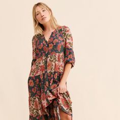 Mixed Print Tiered Maxi Dress | Nuuly Rent Bohemian Multicolor Print Maxi Dress For Garden Party, Bohemian Patterned Daywear Dresses, Bohemian Patterned Dresses For Daywear, Bohemian Patterned Day Dresses, Spring Floral Print Patterned Midi Dress, Spring Vintage Print Patterned Dress, Spring Patterned Dress With Vintage Print, Fall Bohemian Floral Dress For Garden Party, Patterned Floral Midi Dress For Brunch