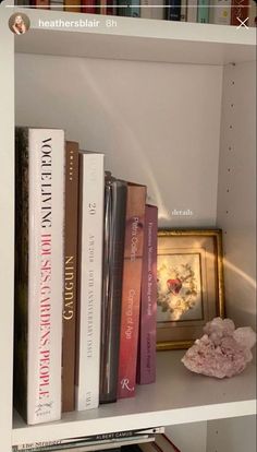 some books are sitting on a white shelf