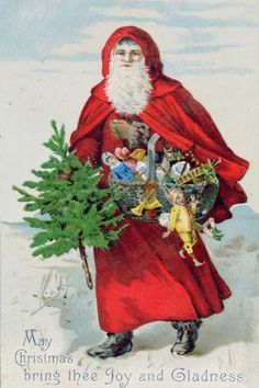 a santa clause holding a christmas tree in his hand