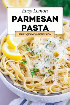 easy lemon parmesan pasta in a white bowl