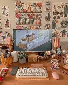 a desktop computer sitting on top of a wooden desk next to a keyboard and mouse