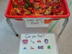 a red wagon filled with lots of leaves next to a sign that says can you find?