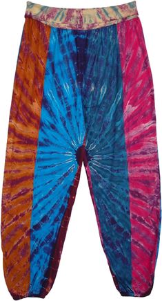 Fabulous bohemian festival vibe. tie dye cotton t-shirt fabric patchwork harem pants with elastic hem/cuffs on the ankles. The vertical style patchwork elongates your silhouette. Light and fun, nice and breezy gypsy, hippie style harem pants for hot summer days, yard selling, flea market shopping, music concerts to summer festival these pants are a good fit anywhere. Length: 38", inseam 31" ; Waist: 28"- 36" (S/M) ; Material: 100% Cotton Tie Dye Hippie Harem Pants For Festivals, Hippie Tie Dye Harem Pants For Festivals, Tie-dye Hippie Harem Pants For Festivals, Bohemian Tie Dye Harem Pants For Festival, Bohemian Tie-dye Harem Pants For Festivals, Casual Multicolor Harem Pants For Festivals, Multicolor Hippie Harem Pants, Hippie Multicolor Harem Pants For Festivals, Whimsigoth Clothes