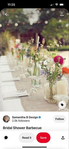 an instagram page with flowers and candles on the table for bridal shower barbeque