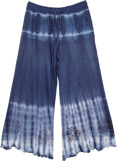 Elastic waist capris in soft t-shirt style jersey cotton fabric are perfect for summer rendezvous and beach vacations.  The beautiful blue color with white tie dye effect gives it a nice summer vibe. #tlb #SplitSkirtsPants #JuniorPetite #vacationclothing #TieDye #tiedyecapris Summer Washed Blue Cotton Bottoms, Washed Blue Cotton Bottoms For Summer, Casual Summer Indigo Bottoms, Casual Indigo Bottoms For Summer, Blue Cotton Bottoms For Beach Season, Indigo Bohemian Bottoms For Summer, Blue Cotton Summer Bottoms, Bohemian Indigo Bottoms For Summer, Comfortable Blue Bottoms For Vacation