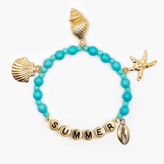 La Dolce Vita 🩵🐚 a collection inspired by the colors and beauty of an Italian Summer. Turquoise howlite gemstones (6mm) paired with turquoise seed beads (4mm), gold plated charms, 14k gold filled end beads (4mm) and your choice of white or gold letters Gold Letter Beads: Standard letters and numbers only 14K IP 7mm gold plated brass with black enamel Spaces will be represented by 2.5mm 14K gold-filled round bead Please note that our bracelets are not intended to be worn by children 5 and under Gold Bracelets With Round Beads For Vacation, Gold Beaded Bracelets For Vacation, Gold Spiritual Jewelry For Vacation, Hand-strung Gold Jewelry For Summer, Turquoise Beaded Bracelets With 8mm Beads For Beach, Gold Spacer Beads Jewelry For Summer, Summer Turquoise Jewelry With Letter Beads, Gold Bracelet With Letter Beads For Summer, Summer Gold Bracelets With Letter Beads