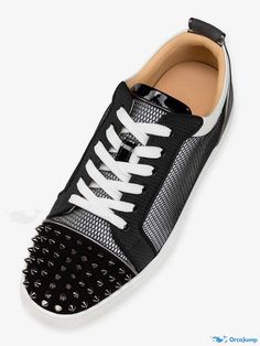 OrcaJump - Premium Mesh Low Top Sneakers with Spiked Lace-Up Design Black Perforated Sneakers For Spring, Black Sneakers With Perforations For Spring, Black Sneakers With Spikes And Round Toe, Black Spiked Round Toe Sneakers, Black Custom Sneakers With Spikes And Round Toe, Black Custom Sneakers With Spikes, Black Sneakers With Studded Rubber Outsoles For Spring, Spring Black Sneakers With Studded Rubber Outsoles, Black Sporty Sneakers With Spikes