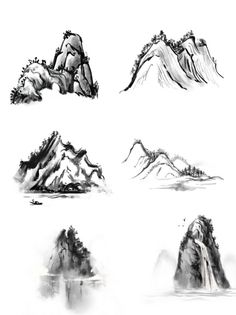 some mountains and rocks are shown in black ink on white paper, with watercolors