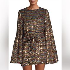 Excellent Condition. Roomy Shape With Matching Tie For Belted Look. Fits Up To Size 10. Black Background With Gold And Multicolored Sequins. 100% Polyester Shell & Lining. Black Background With Gold, Bell Sleeve Mini Dress, Dress With Bell Sleeves, Caroline Constas, Sequin Mini, Bell Sleeve Dress, Sequin Mini Dress, Tie Belt, Bell Sleeve