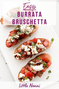 three pieces of bread with tomatoes, cheese and herbs on top that are sitting on a white plate