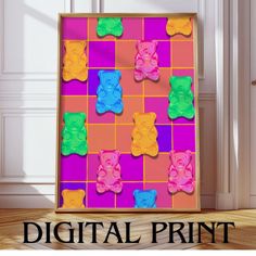 an image of a digital print with teddy bears on the squares in pink, yellow and blue