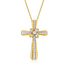 Ross-Simons - .20ct t. w. Diamond Cross Pendant Necklace in 14kt Yellow Gold. 18". .20 ct. t. w. diamonds add sparkle to this beautiful cross pendant necklace. Crafted in 14kt yellow gold. Suspends from a rope chain with a 2" extender. Springring clasp, diamond cross pendant necklace. Diamond birthstones are the perfect gift for April birthdays. Cross-shaped Diamond Necklace With Single Cut Diamonds, 14k Gold Cross Diamond Necklace For Anniversary, Anniversary Diamond Cross Pendant Necklace With Pave Setting, Yellow Gold Cross Diamond Necklace For Anniversary, Diamond Cross Jewelry With Diamond Accents, Yellow Gold Cross Diamond Necklace With Cubic Zirconia, Cubic Zirconia Cross Diamond Necklace For Anniversary, Yellow Gold Diamond Cross Pendant Necklace, Cross Shaped Diamond Jewelry With Accents