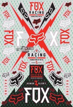 the fox racing poster is shown in red, white and green colors with black lettering