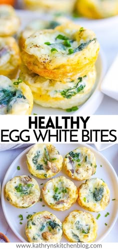 healthy egg white bites with spinach and cheese on the top are shown in this collage